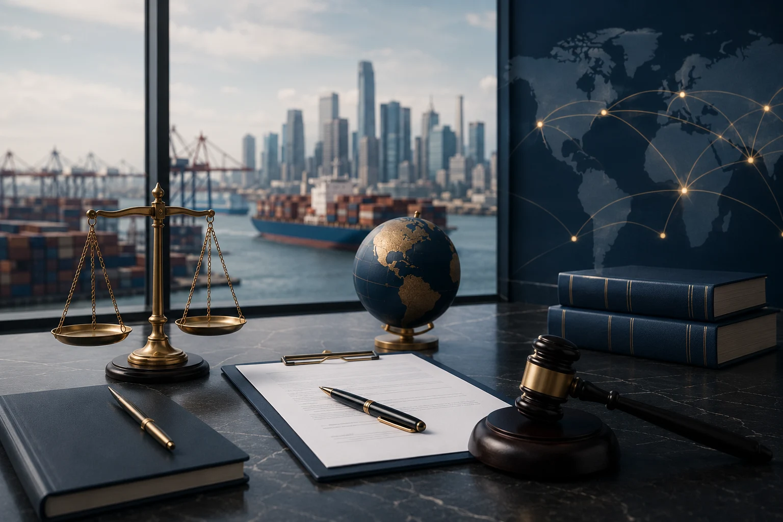 Legal workspace overlooking a commercial port with a cargo ship, representing cross-border shipping and logistics disputes.