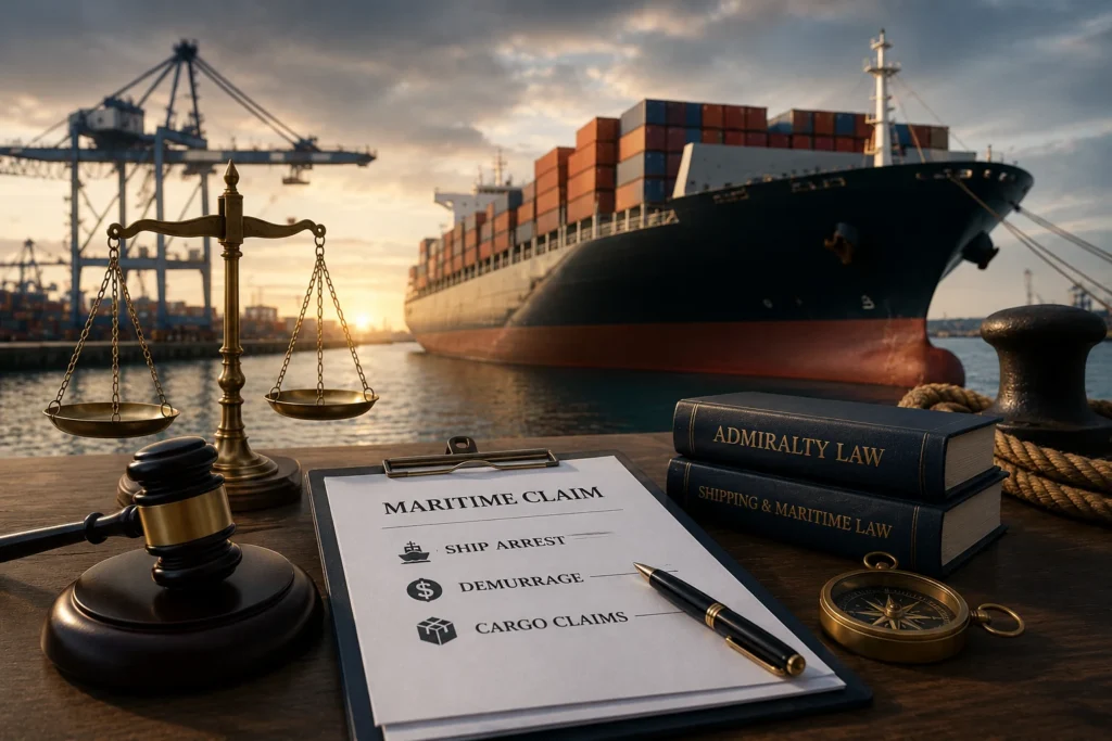 Container ship at a commercial port with legal documents and scales of justice representing ship arrest, demurrage and cargo claims under maritime law.