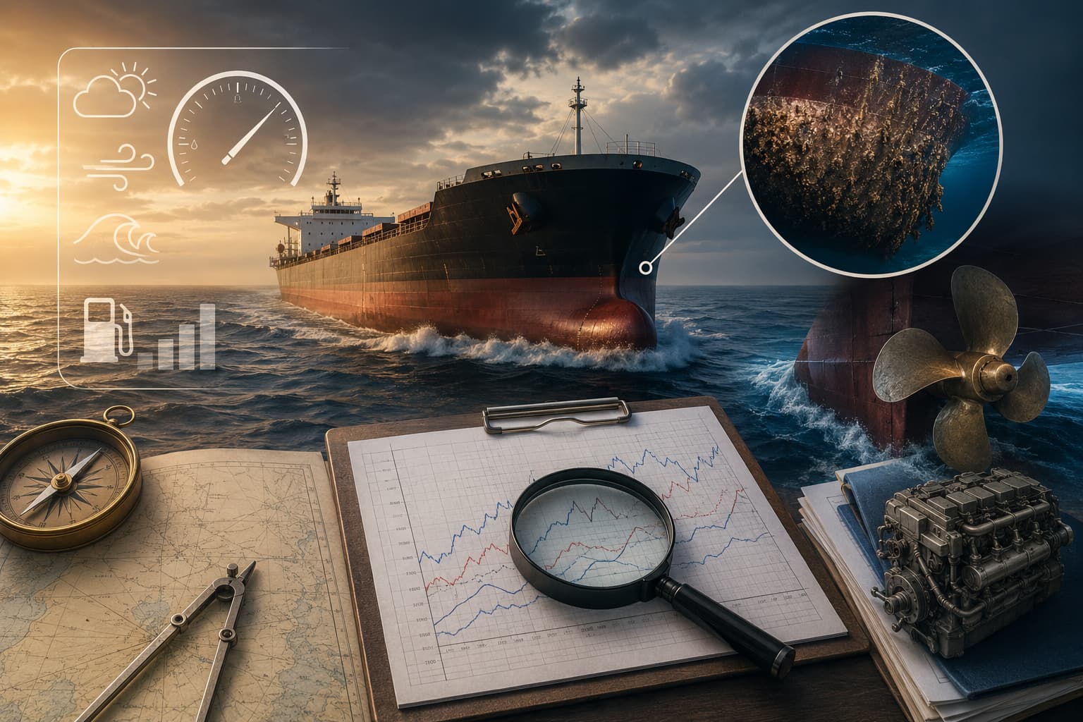 Bulk carrier at sea with hull fouling, propeller and vessel performance data illustrating speed and fuel consumption claims under a time charter.