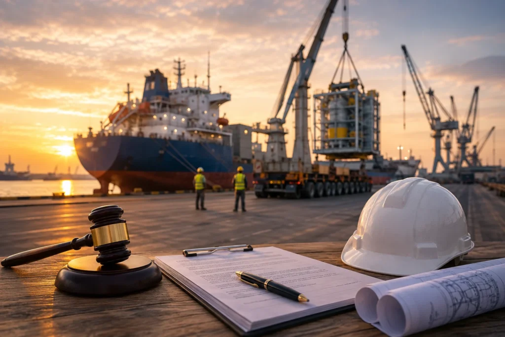 Liquidated damages in international project cargo contracts with heavy-lift cargo vessel, port cranes, legal documents and gavel symbolising delay disputes in maritime and transport law.