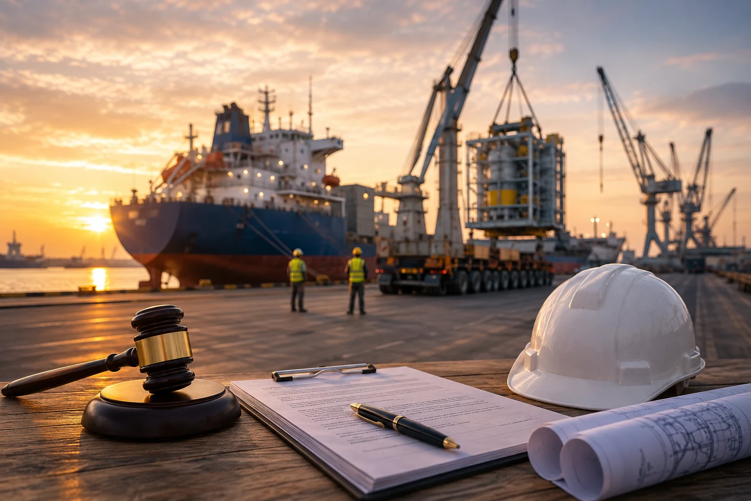 Liquidated damages in international project cargo contracts with heavy-lift cargo vessel, port cranes, legal documents and gavel symbolising delay disputes in maritime and transport law.