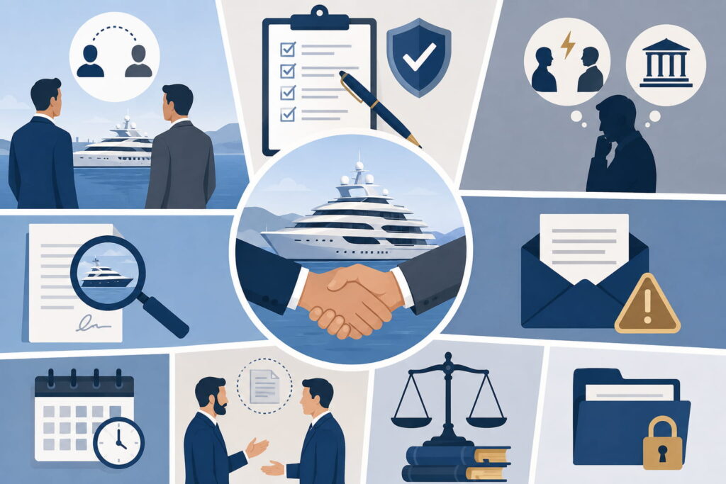 Illustration of a luxury superyacht sale showing brokers, contracts, legal documents and commission dispute during an international yacht transaction.