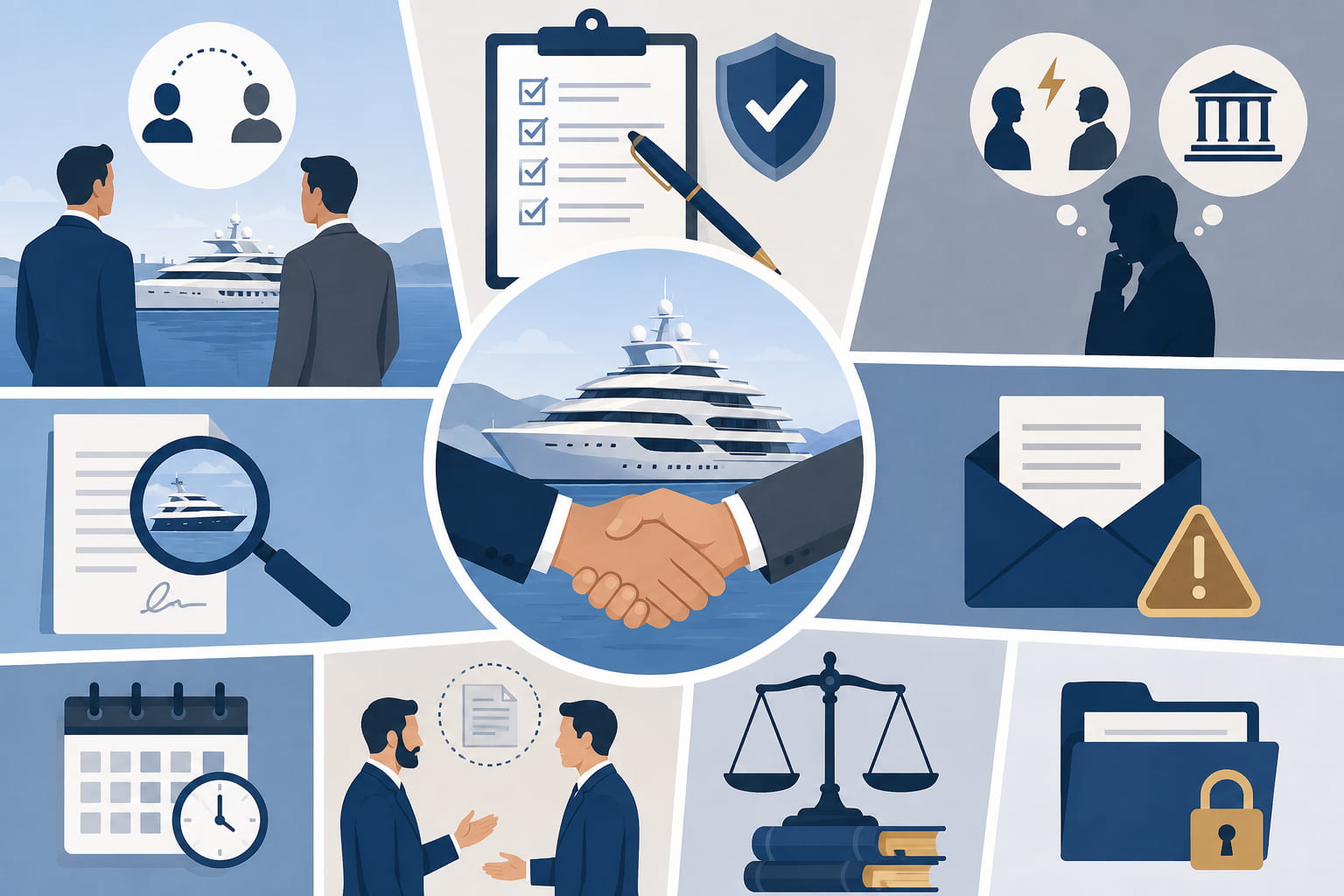 Illustration of a luxury superyacht sale showing brokers, contracts, legal documents and commission dispute during an international yacht transaction.